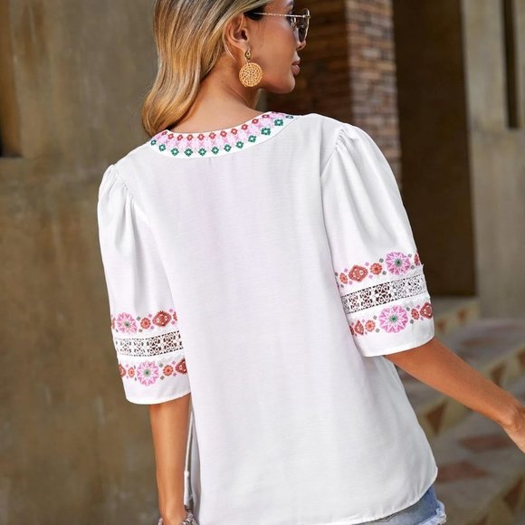 White Boho Womens Floral Print Tassel Tie Neck Puff Sleeve Blouse - Picture 2 of 5